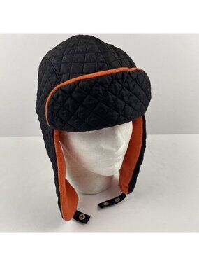 Lands End Primaloft Quilted Trapper Hat Adult L/XL Fleece Lined Black Orange